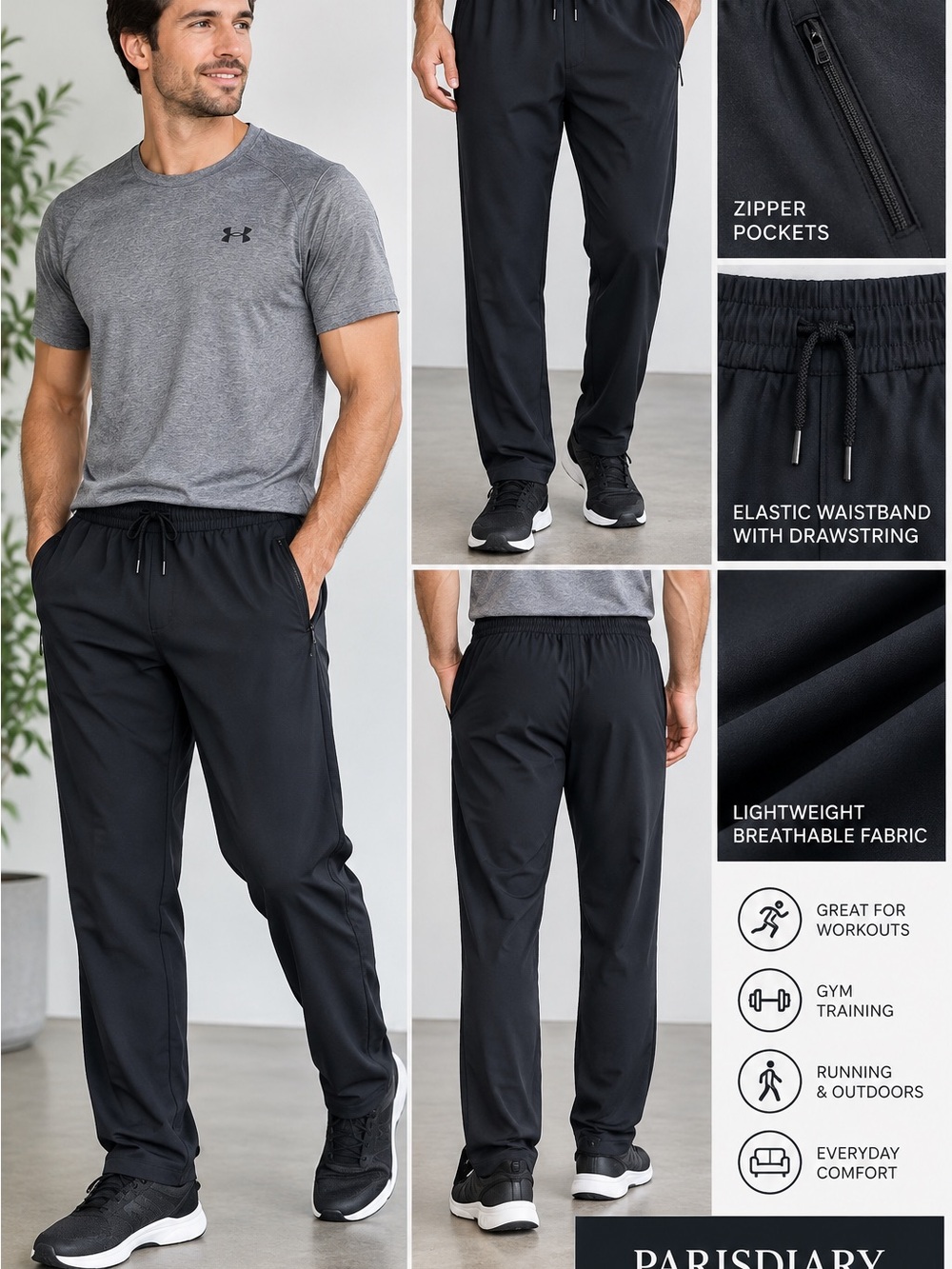 3 Pairs Men's Black Lightweight Joggers with Elastic Waistband